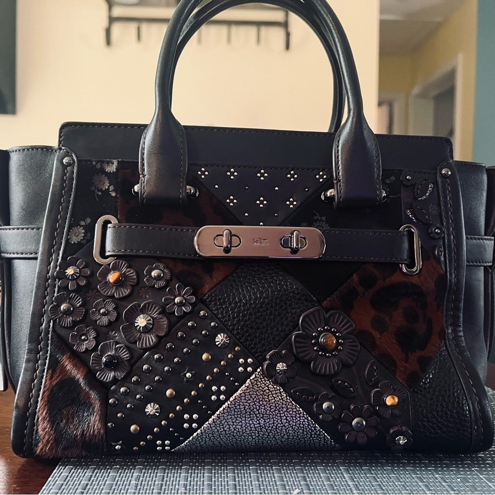 Coach Black and Brown Satchel with Textured Leather